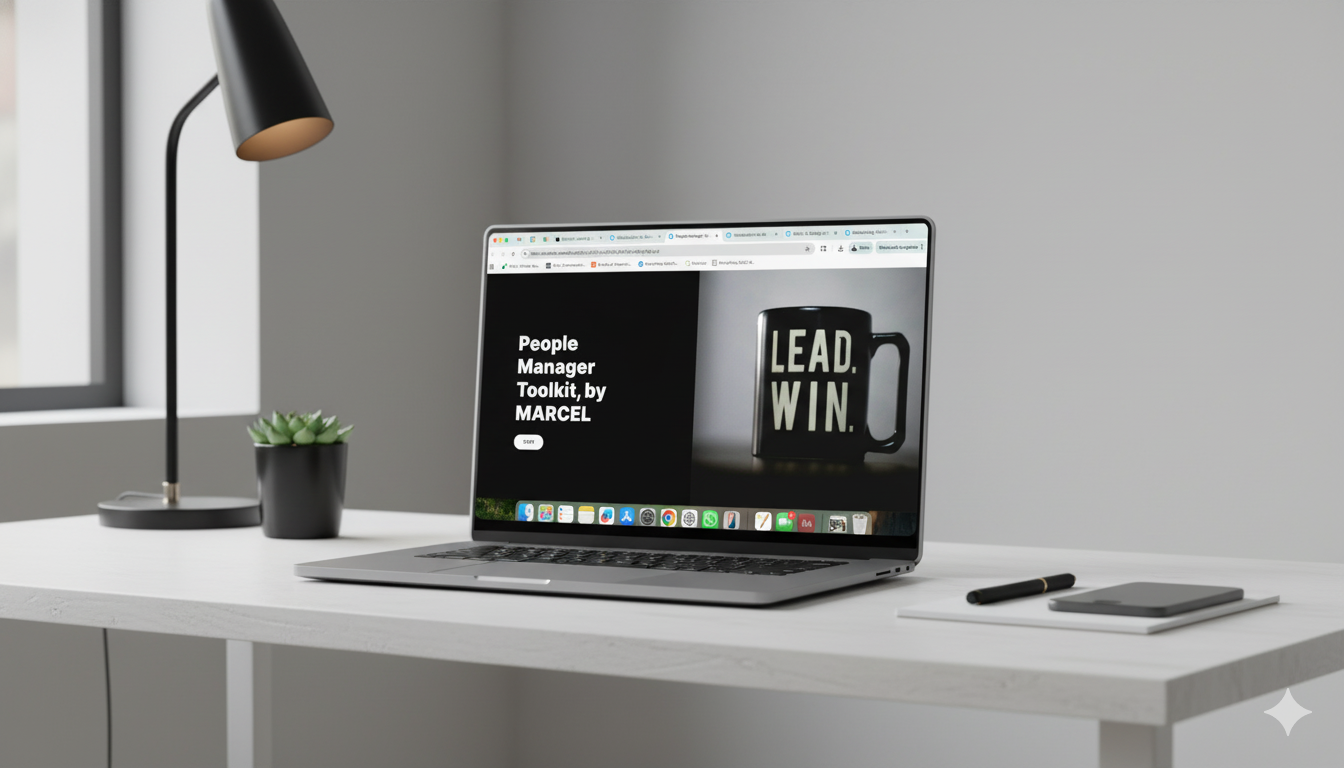 Modern workspace with a white desk, a laptop displaying 'People Manager Toolkit by MARCEL' with a mug reading 'LEAD. WIN.', a black desk lamp, a small potted succulent, a closed notebook, and a pen, with a window in the background.
