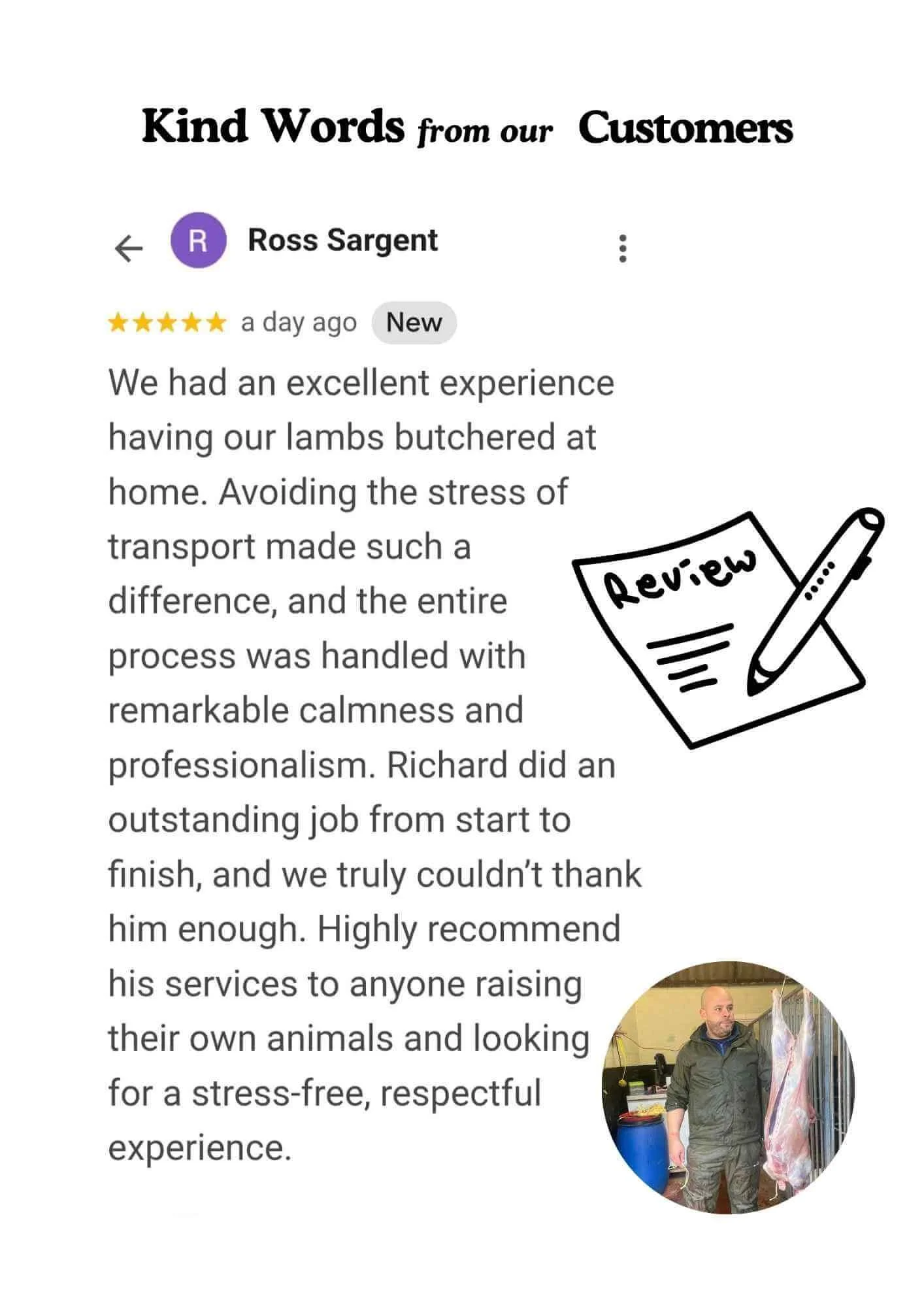 Customer review with a photo of a man holding a carcass of lamb in a butcher shop, accompanied by a handwritten review and a graphic of a review note with a pen.