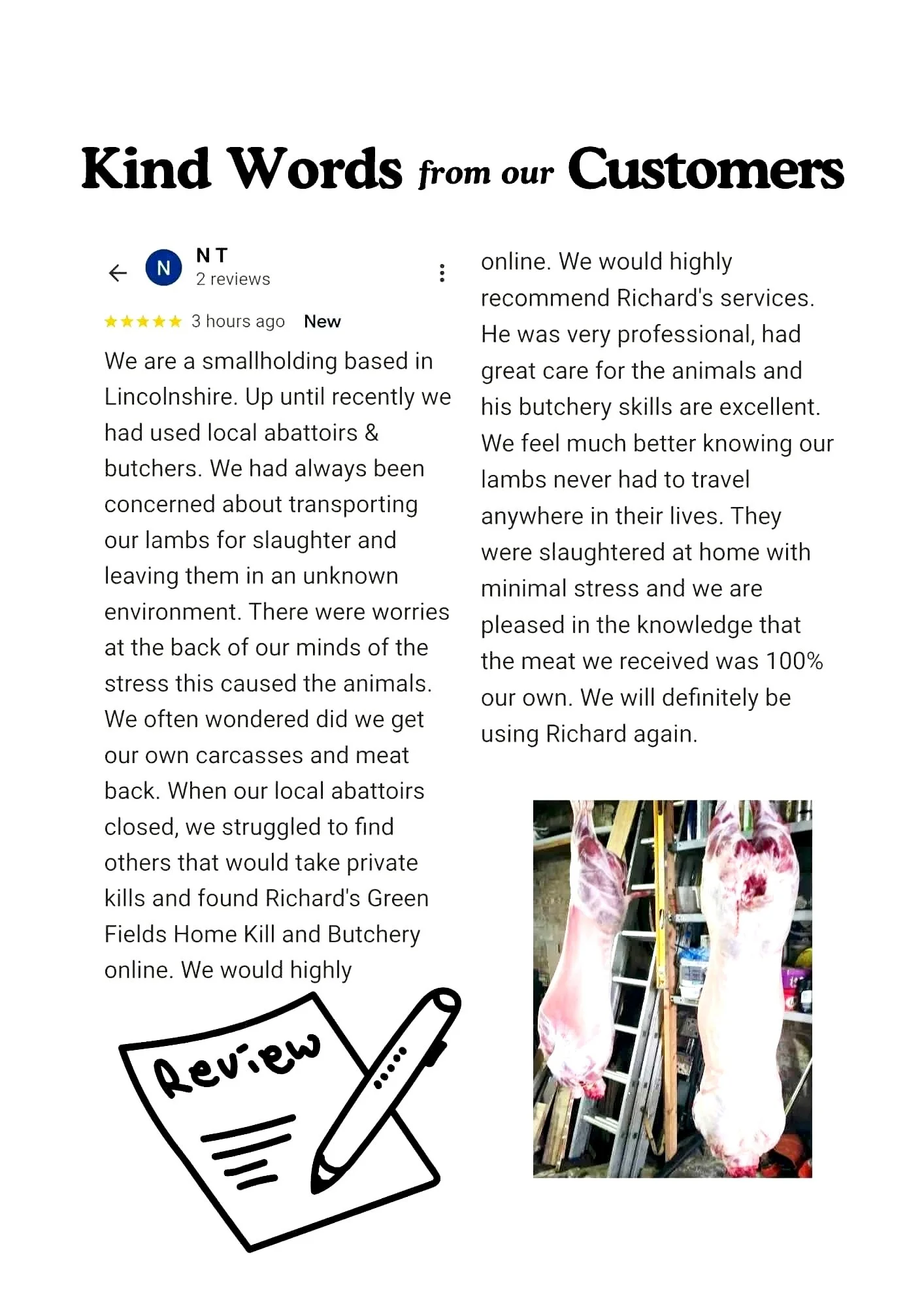 Customer review of a butchery service, featuring two hanging lamb carcasses and a cartoon illustration of a review sheet and pen.