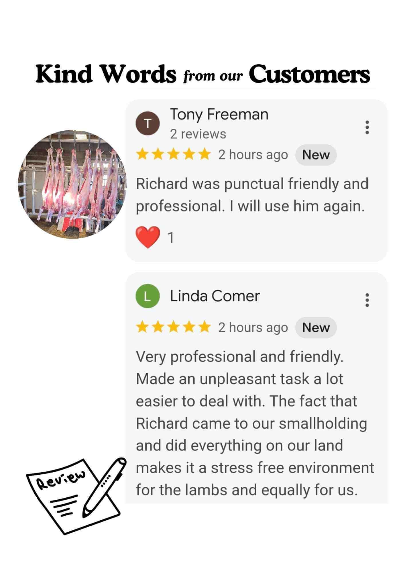 Two five-star Google reviews praising Richard at Green Fields Home Kill & Butchery for being punctual, friendly, professional, and making on-farm lamb slaughter calm and stress-free.