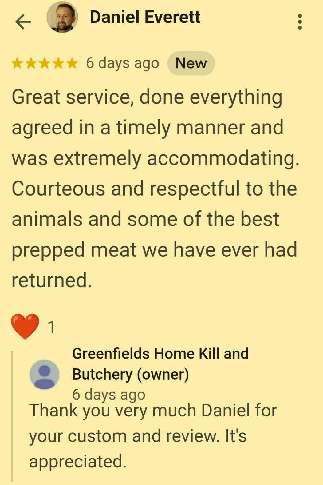 Screenshot of a positive customer review for Greenfields Home Kill and Butchery by Daniel Everett, with a profile picture of the reviewer, 5-star rating, and a supportive reply from the business.