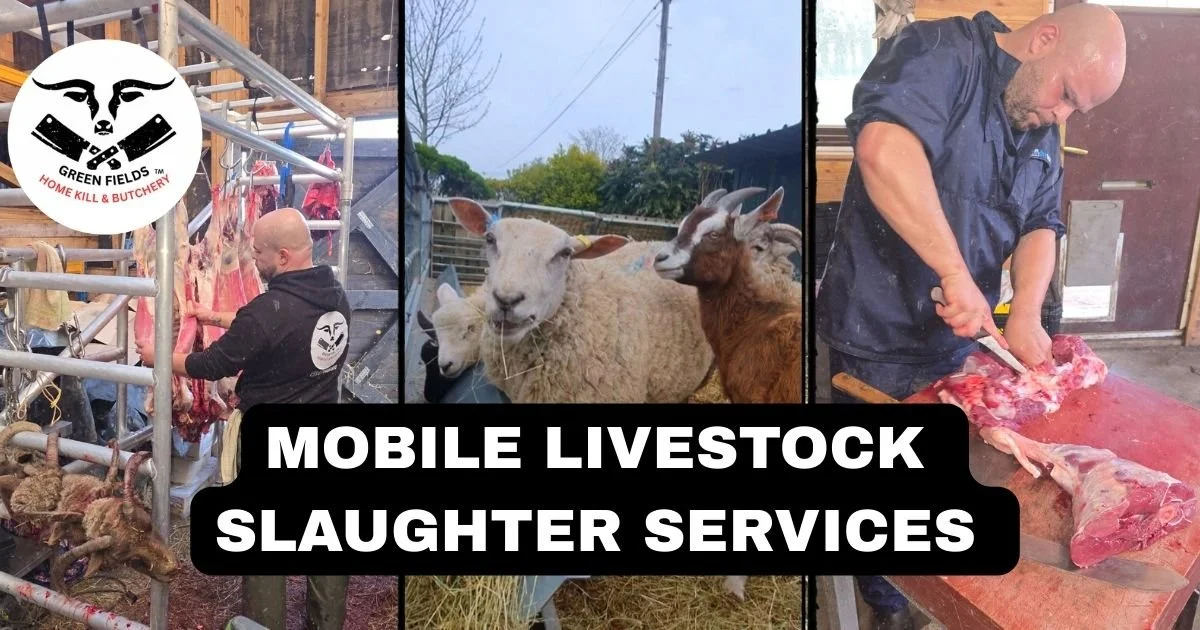 Collage of three images: a man slaughtering animals at a mobile slaughter unit, goats and sheep outside on a farm or smallholding, and a Richard profesionally cutting meat. Overlay text reads "Mobile Livestock Slaughter Services."