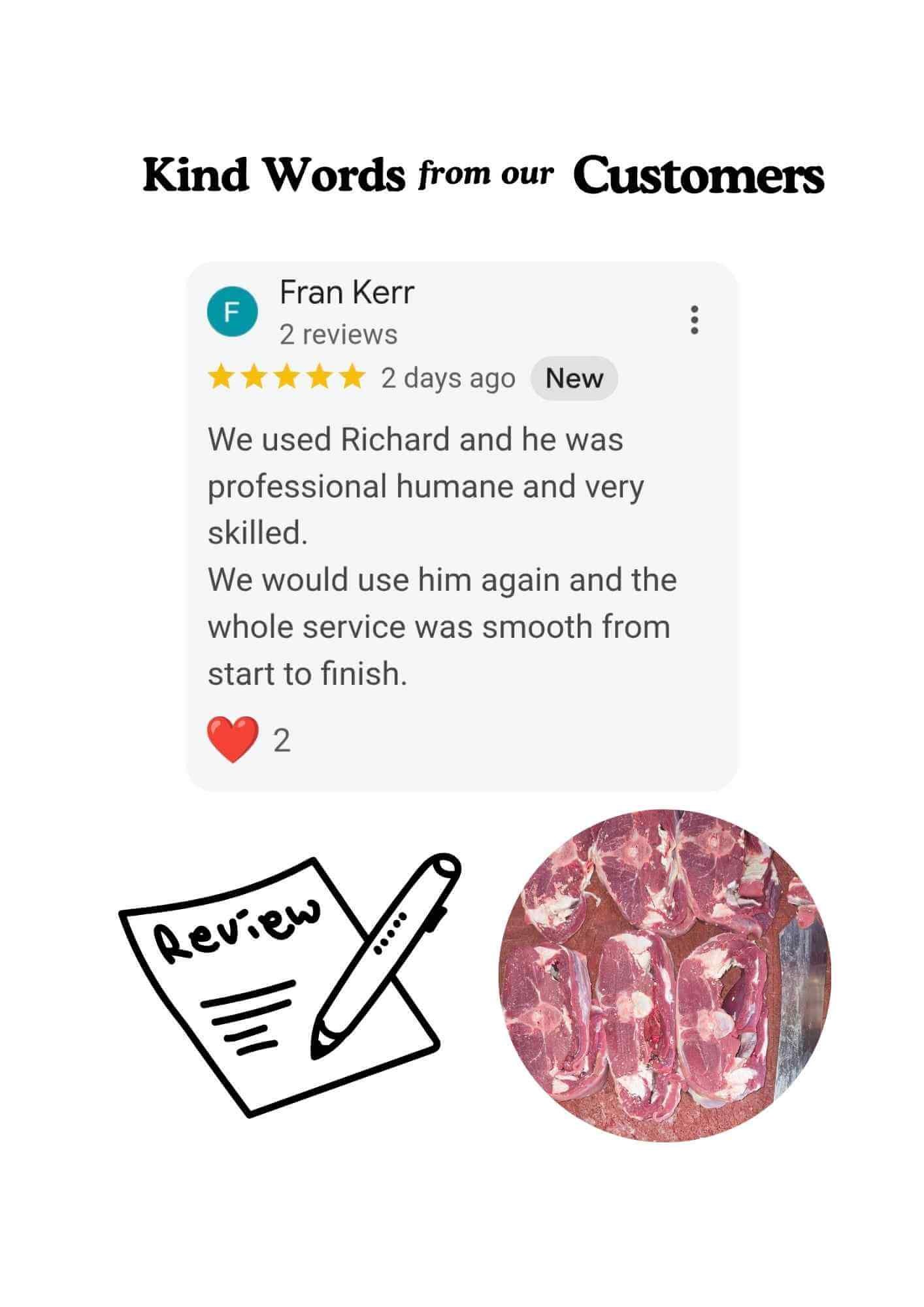 Five-star Google review from a Lincolnshire smallholding describing stress-free home slaughter, excellent animal care, professional butchery, and reassurance that the meat returned was 100% their own.