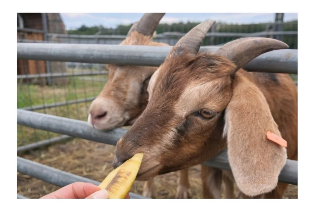 2 Goat eating a banana through strong pen fencing for Blog on Common Mistakes Smallholders Make