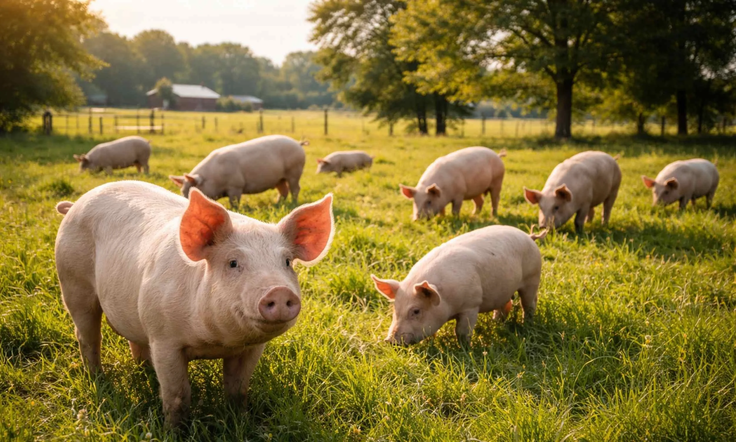 Pigs Grazing in a pasture on a UK Smallholding
