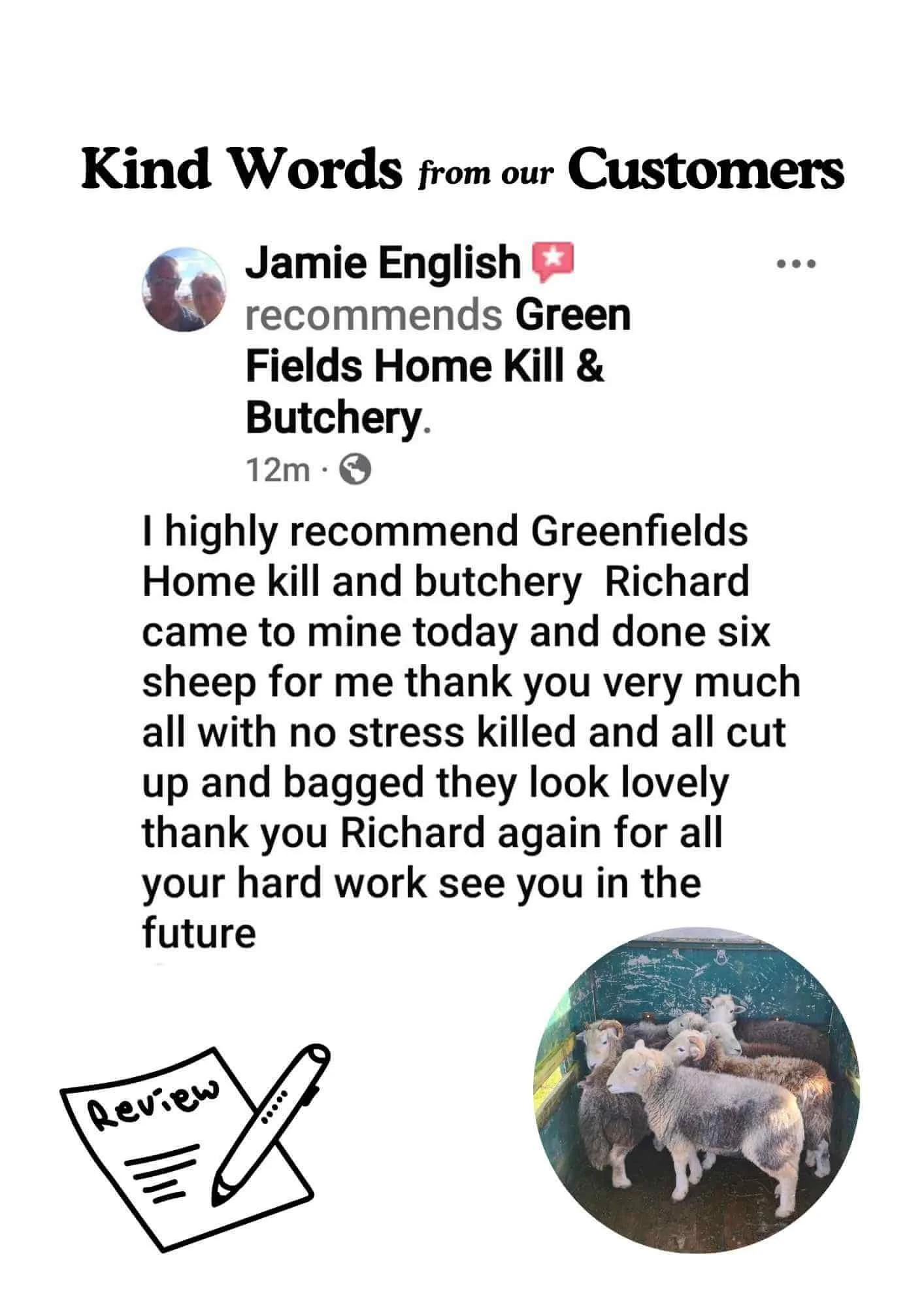 Facebook recommendation from Jamie English praising stress-free on-farm sheep slaughter and butchery, with all meat neatly cut, bagged, and handled professionally by Richard.