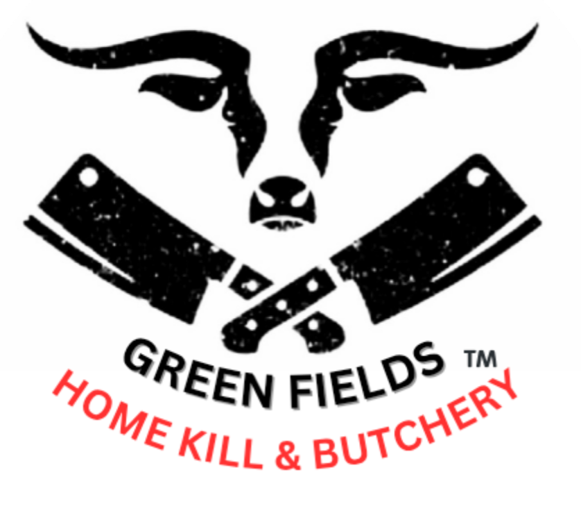 Green Fields Home Kill and Butchery Logo featuring a cows face above two crossed butcher cleavers, with the text "GREEN FIELDS" and "HOME KILL & BUTCHERY" in red.