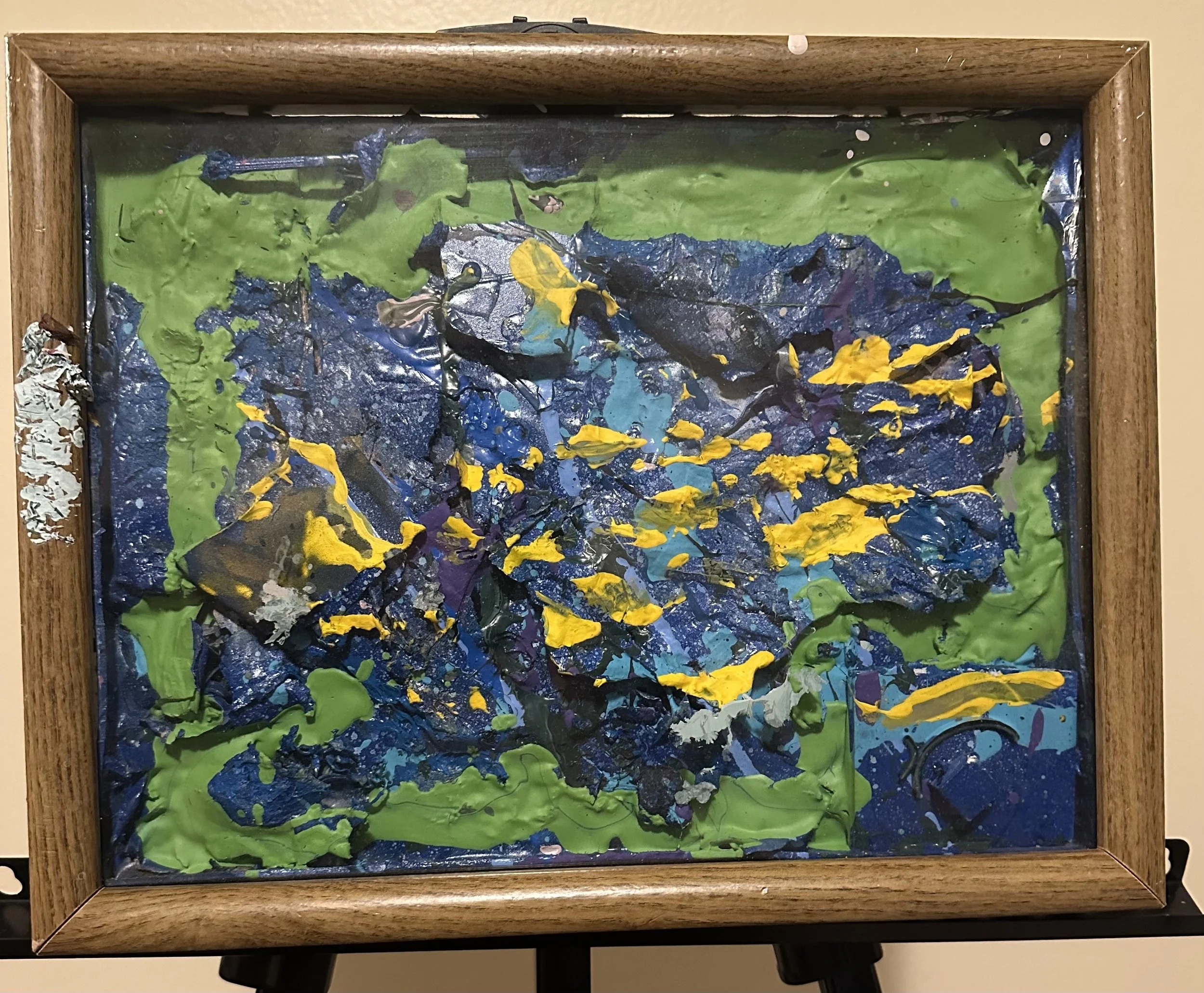 Vessel, original abstract 3d painting in glass and wood frame with green blue and yellow high relief 1/1