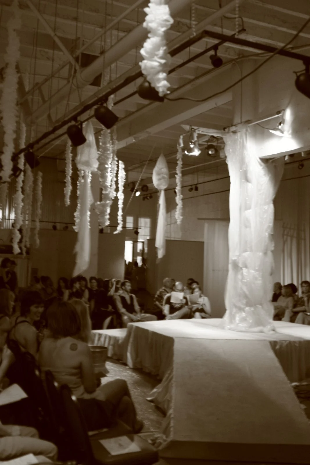 The Opening set design: Projections on the ceiling and sculptures that drop down as we move from the sky to the sea.