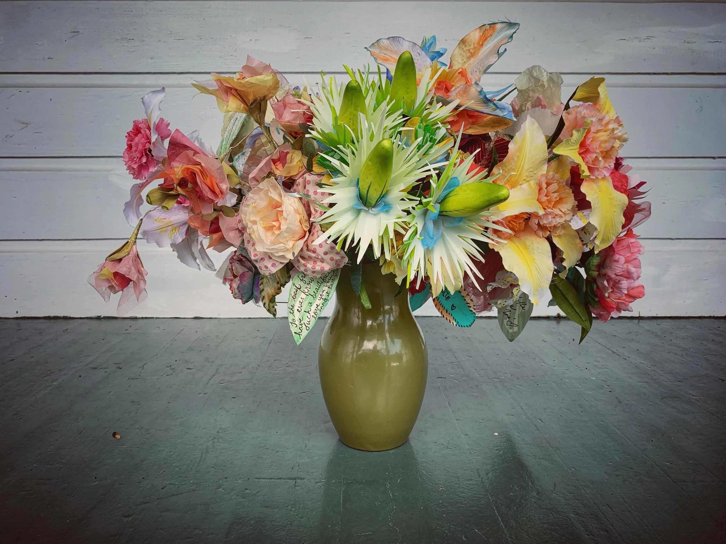 Paper bouquet really saves on Trader Joe's cut flower budget when planning a wedding.