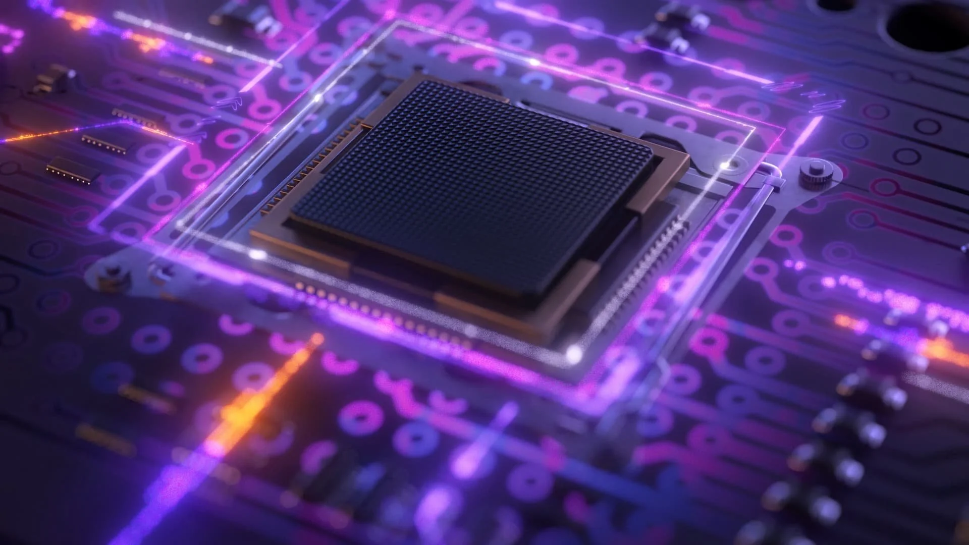 Close-up of a microchip on a circuit board with glowing purple and orange lines.