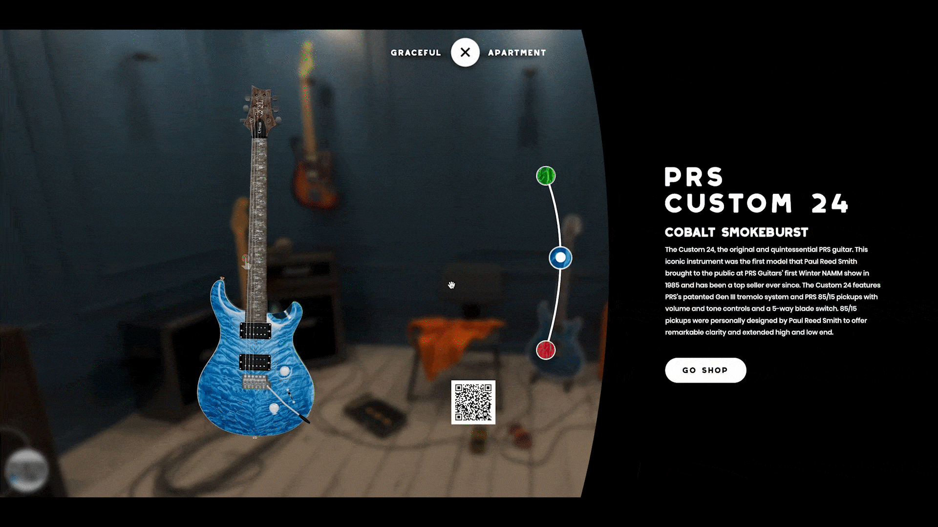 PRS Custom 24 electric guitar in cobalt smokeburst finish, displayed in a music room with amps and guitars on the wall. QR code and product details on the side.