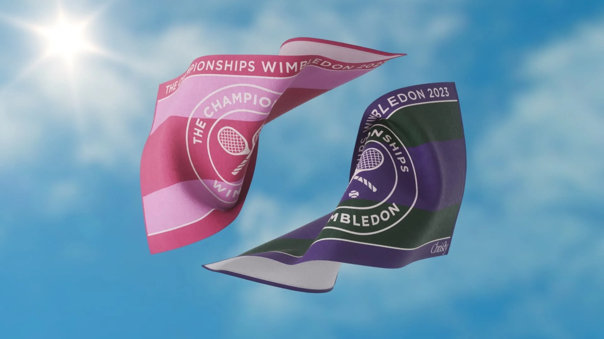 Two Wimbledon 2023 towels, one pink and one purple, floating against a blue sky with a sun in the background.