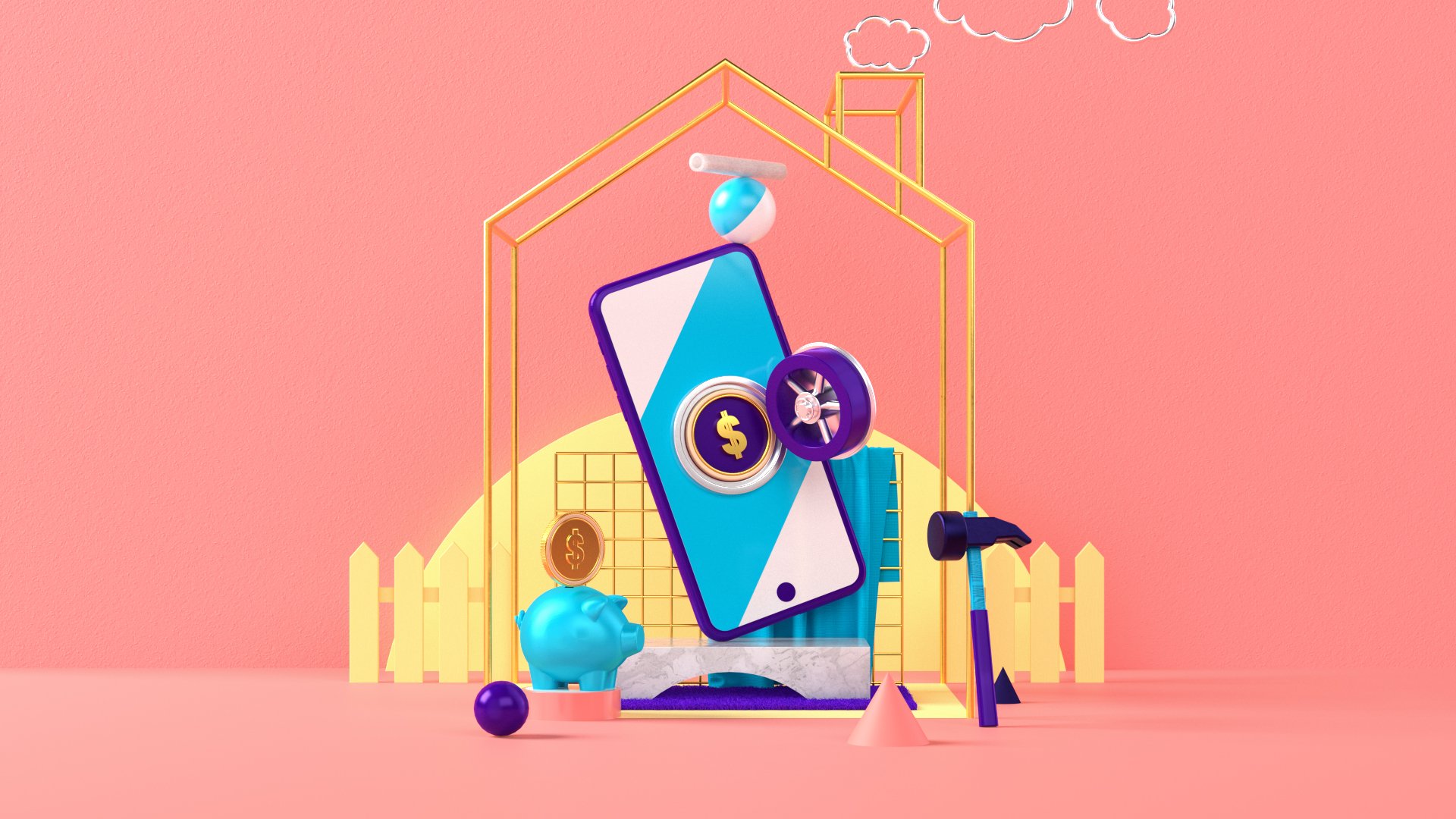 Digital illustration of a house with a pink background, featuring a smartphone with a dollar coin symbol, a piggy bank, coins, and a hammer, representing financial or investment themes.