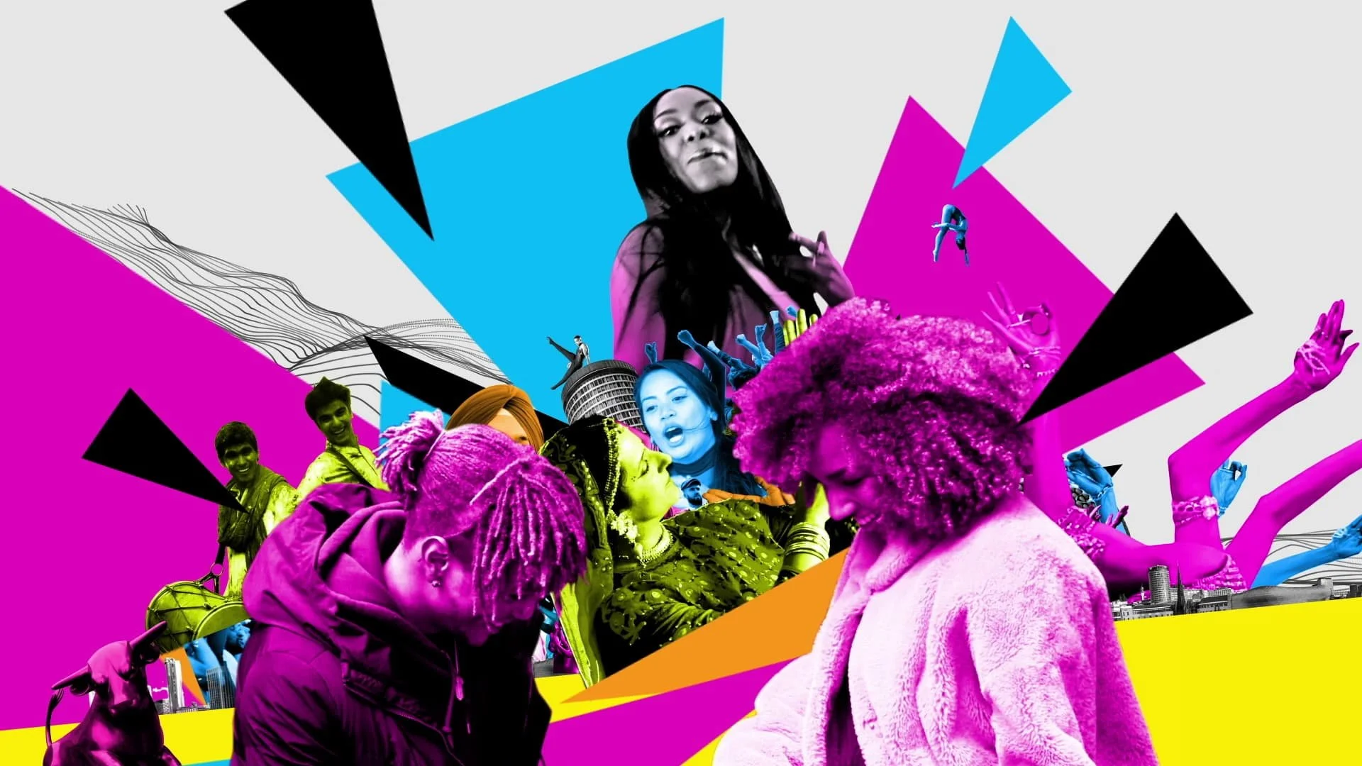 Colorful abstract collage featuring diverse people, cityscape elements, and geometric shapes with vibrant pink, blue, and yellow tones.