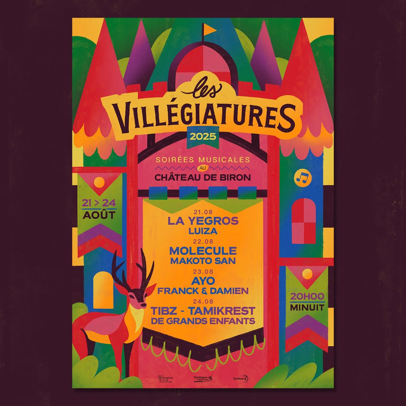 Colorful poster for Les Villegiatures 2025 music festival at Château de Biron, featuring a stylized illustration of a deer's head, event dates from August 21 to 24, and performances by La Yegros, Luiza, Molecule, Makoto San, Ayo, Franck & Damien, TIB