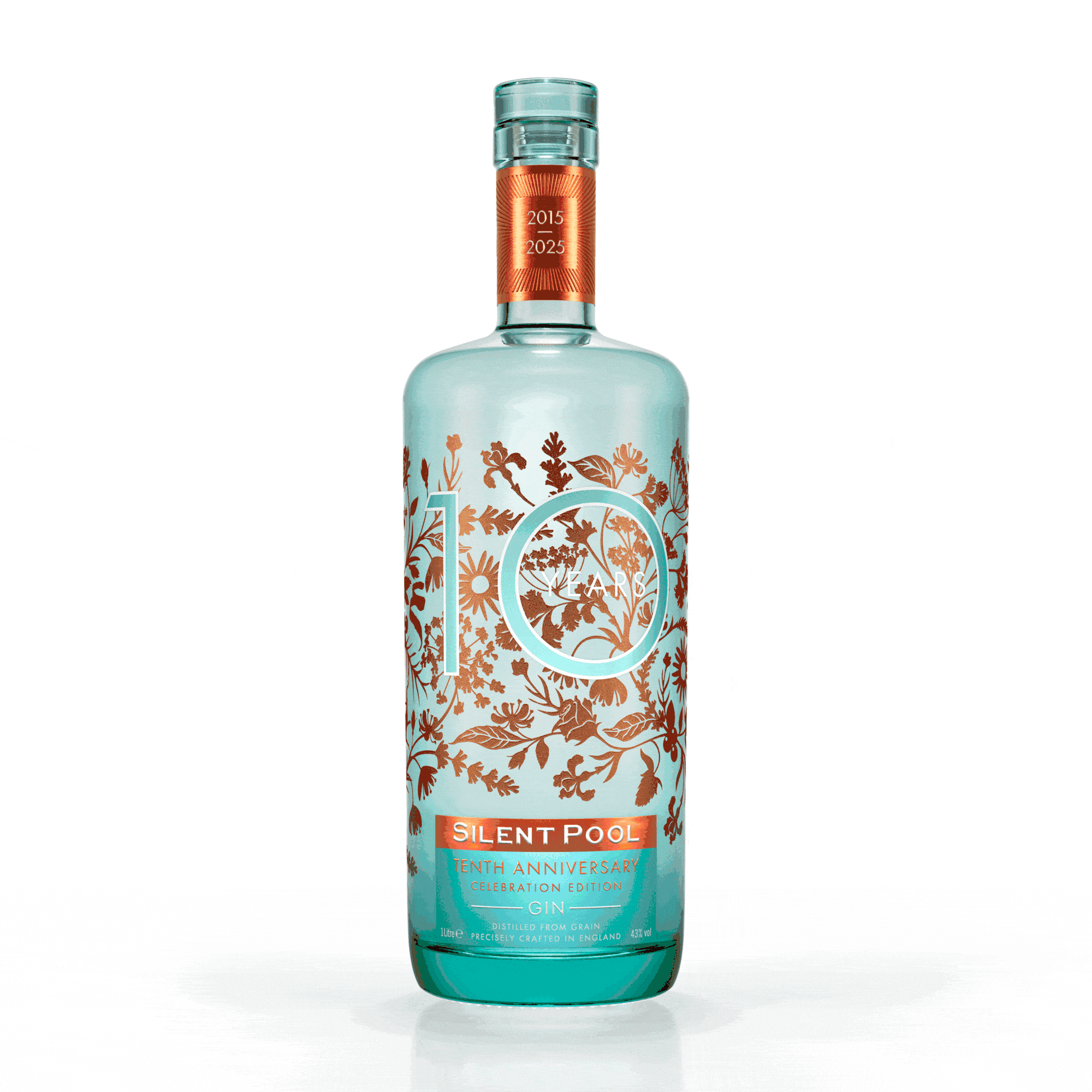 Silent Pool Gin Tenth Anniversary bottle with floral design and an inscription for 2015 to 2025.