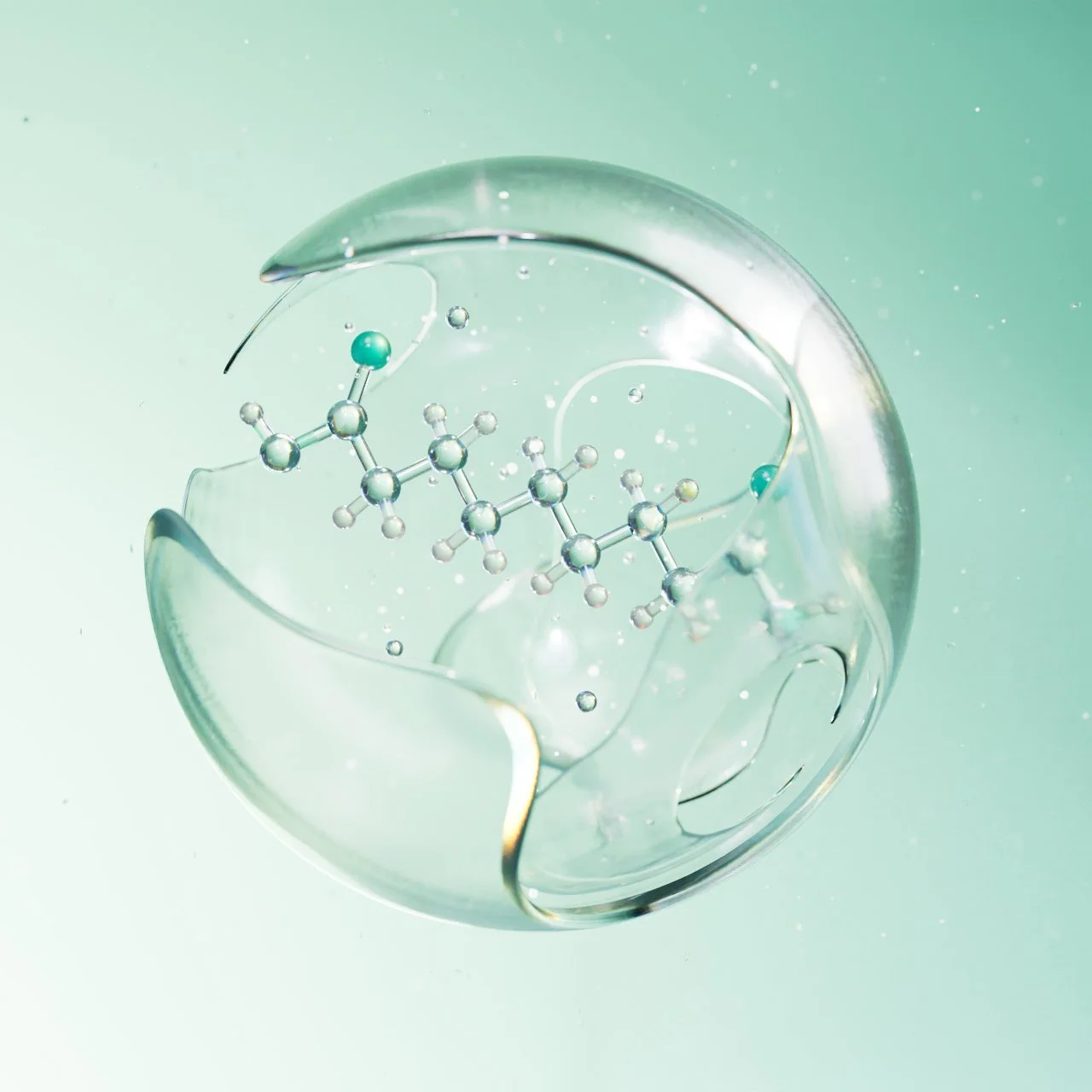 3D Artwork design showcasing a chemical structure model inside a cracked glass sphere with a light green background.