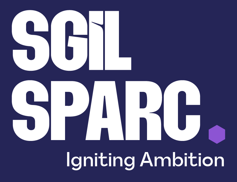 Logo with large white text that reads 'SGIL SPARC' on a dark blue background and smaller white text below that reads 'Igniting Ambition' with a small purple hexagon icon.