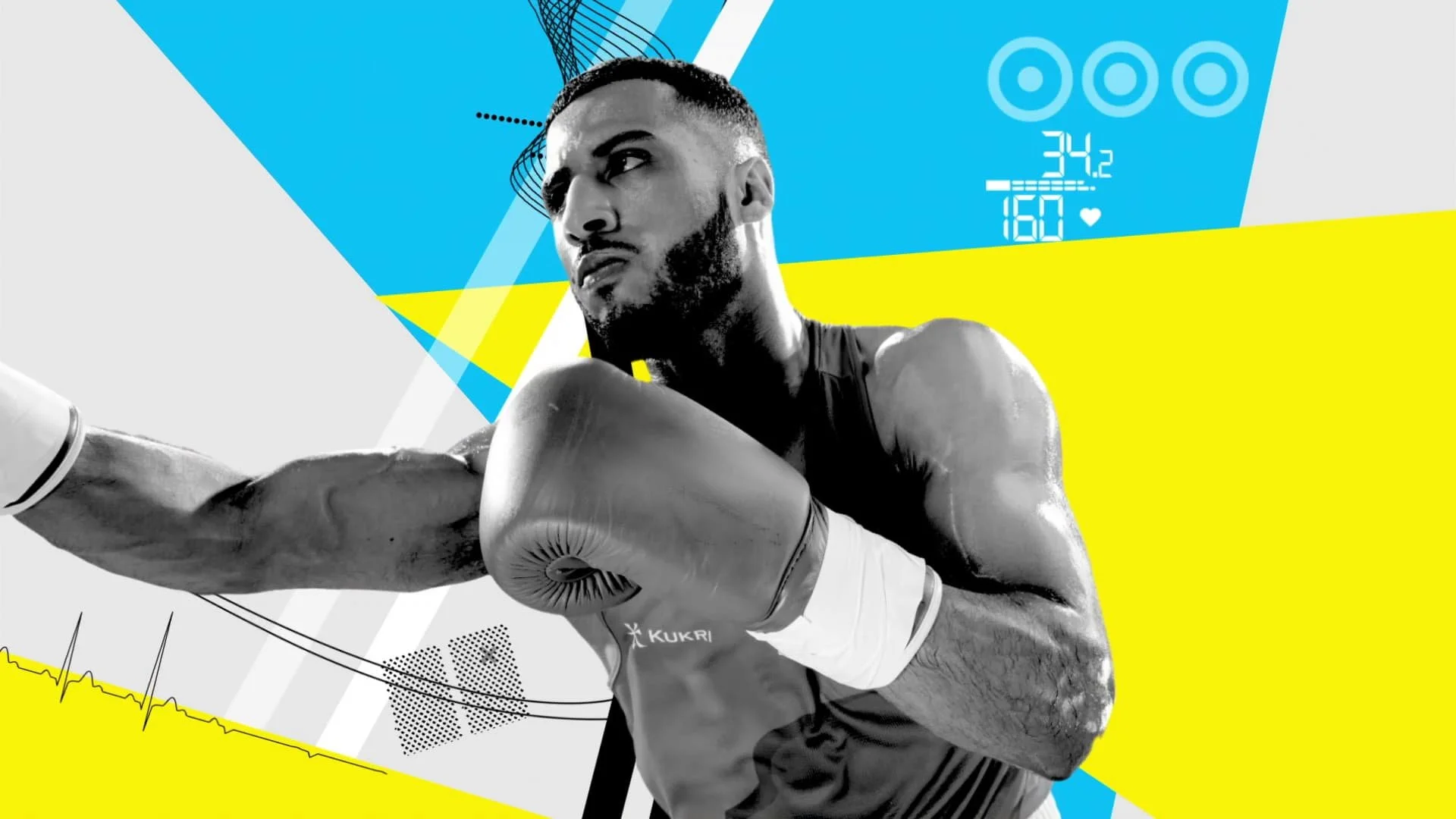 Boxer in action, wearing gloves, with abstract blue and yellow background, and digital graphics overlay.