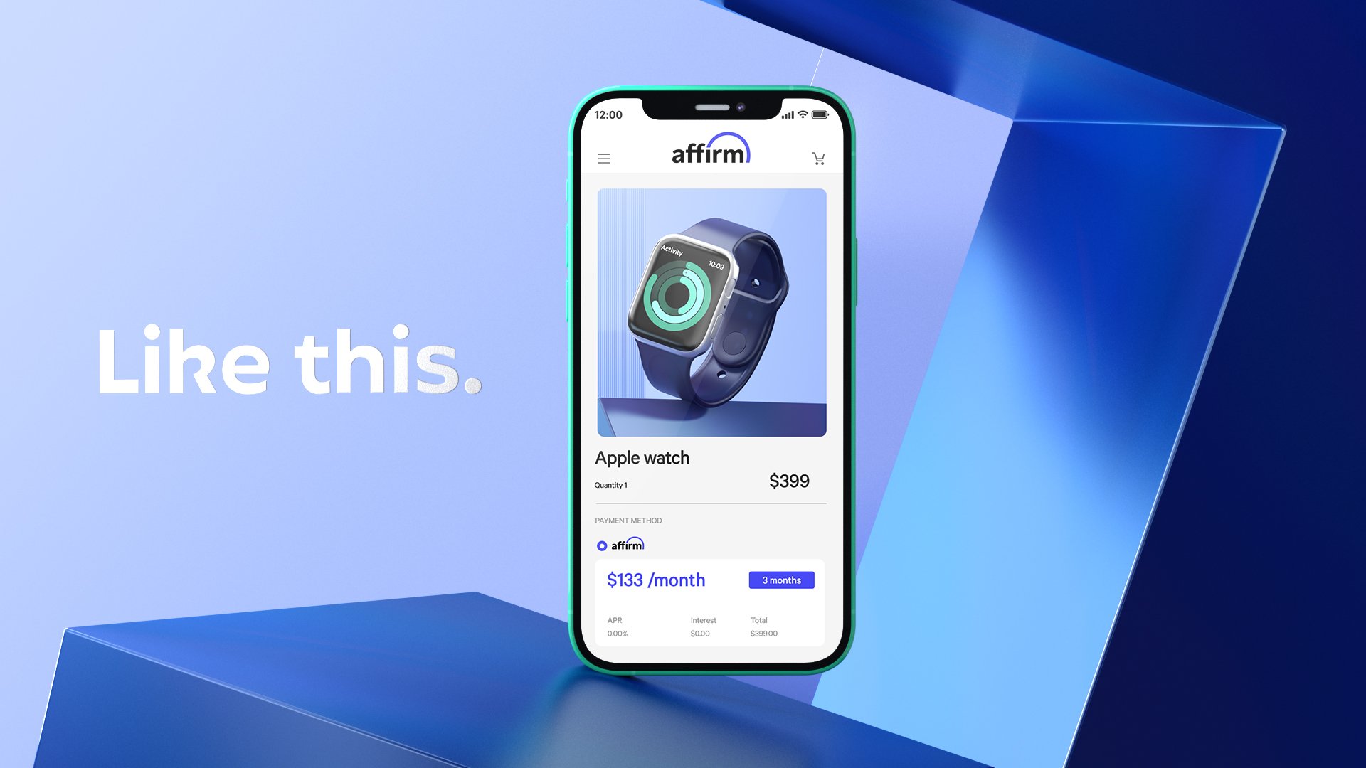 Smartphone UI and content mockup displaying an online shopping page for an Apple Watch with a blue background and the text 'Like this.'