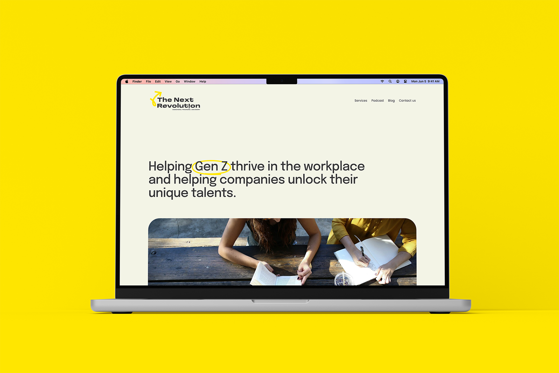Laptop displaying website design with text about helping Gen Z thrive in the workplace, on a bright yellow background.