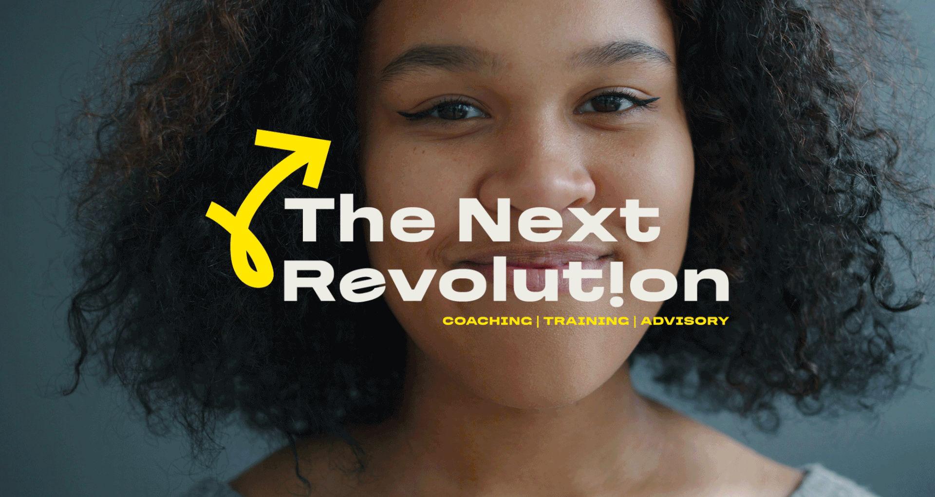 GIF showcasing a brand identity, with close-up portraits of teenagers and in-situ imagery, with text overlay reading 'The Next Revolution! Coaching, Training, Advisory' in bold white and yellow letters.