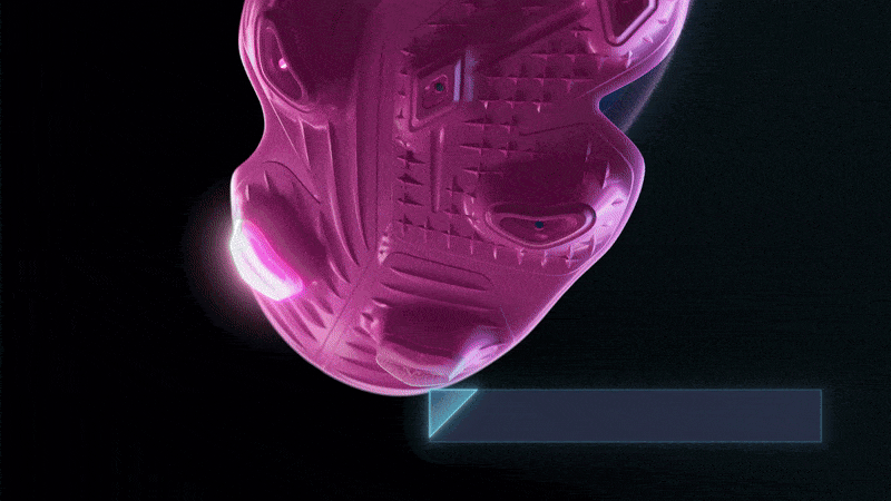 Close-up of a pink shoe sole with glowing lights against a dark background, highlighting textured tread patterns and futuristic design elements.