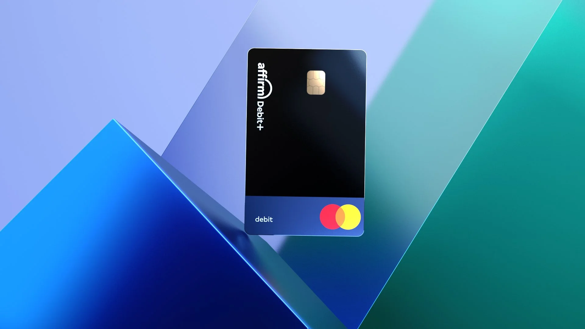 Design mockup showcasing a black debit Mastercard with a chip and the words авторон and debit+ on it, resting on a multicolored surface with shades of purple, blue, and green.