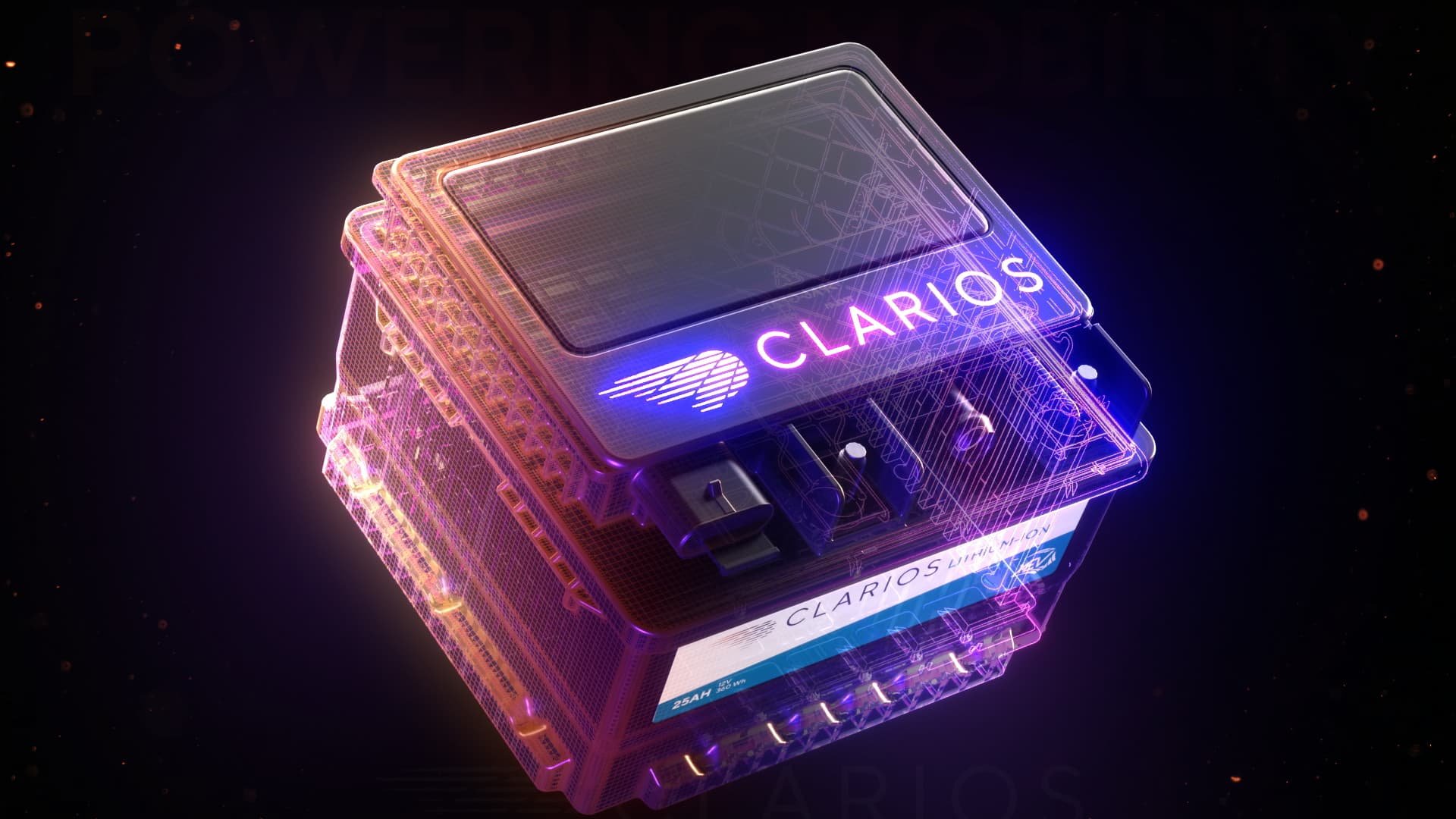 Glowing translucent car battery labeled Clarios with neon effect on dark background.