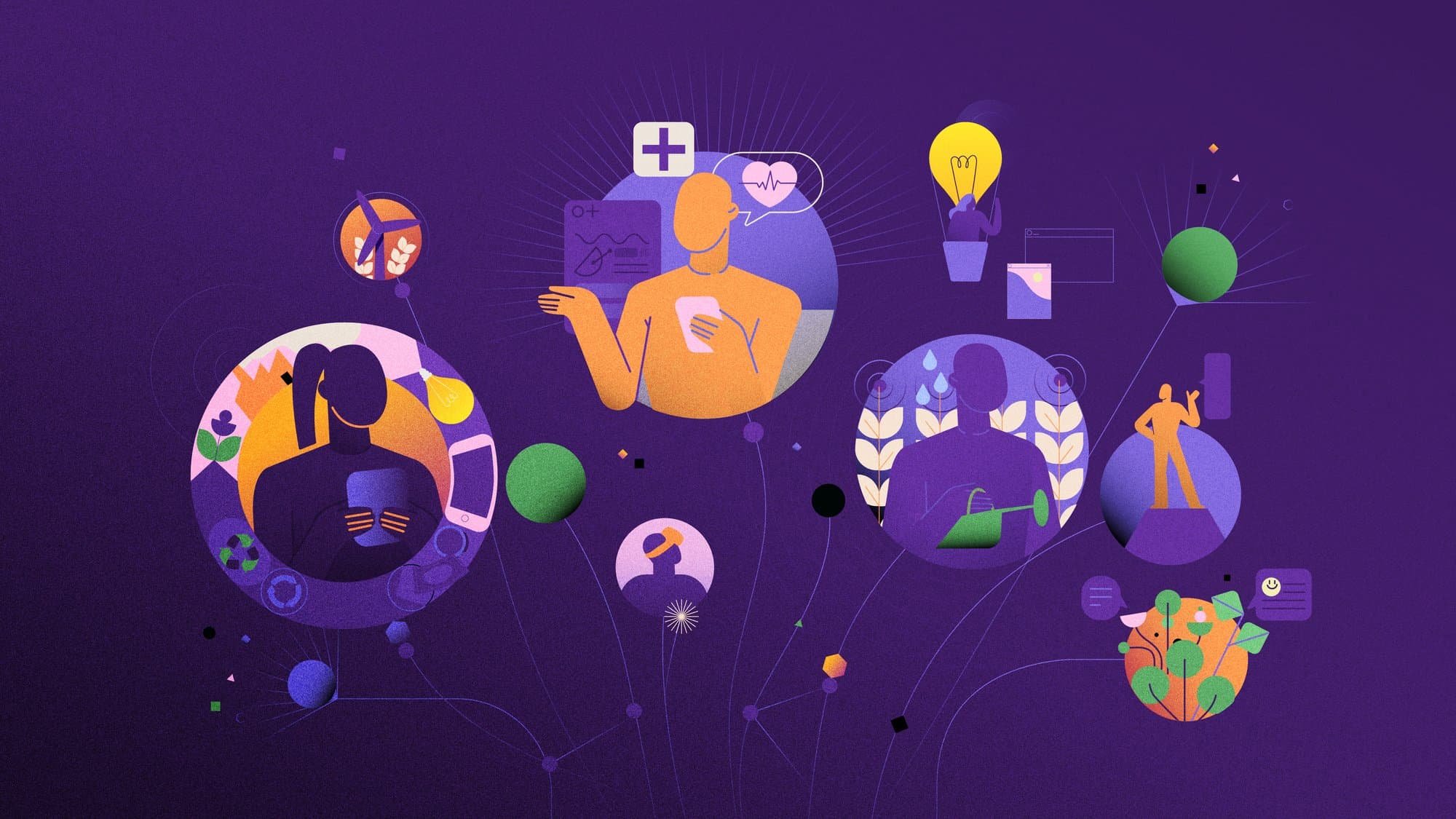 Digital illustration depicting various interconnected people engaged with technology and nature, highlighting themes of health, wellness, and environmental sustainability.