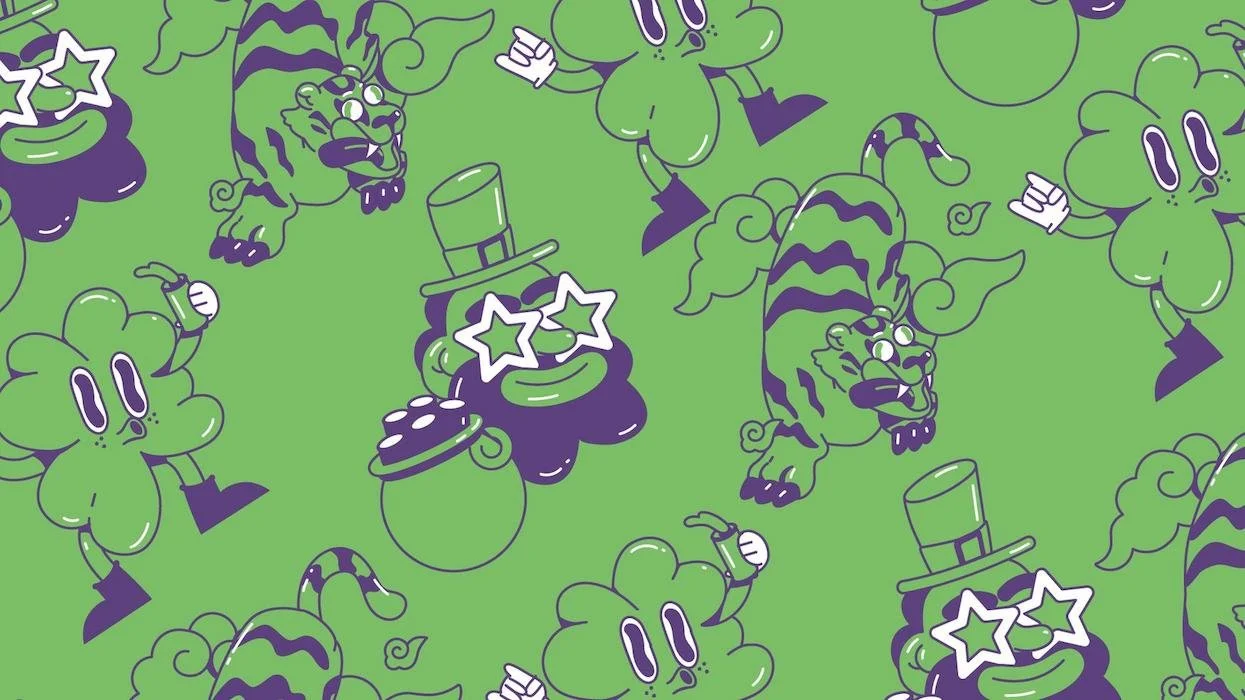 Pattern featuring cartoon-style character illlustration with expressive faces on a green background.