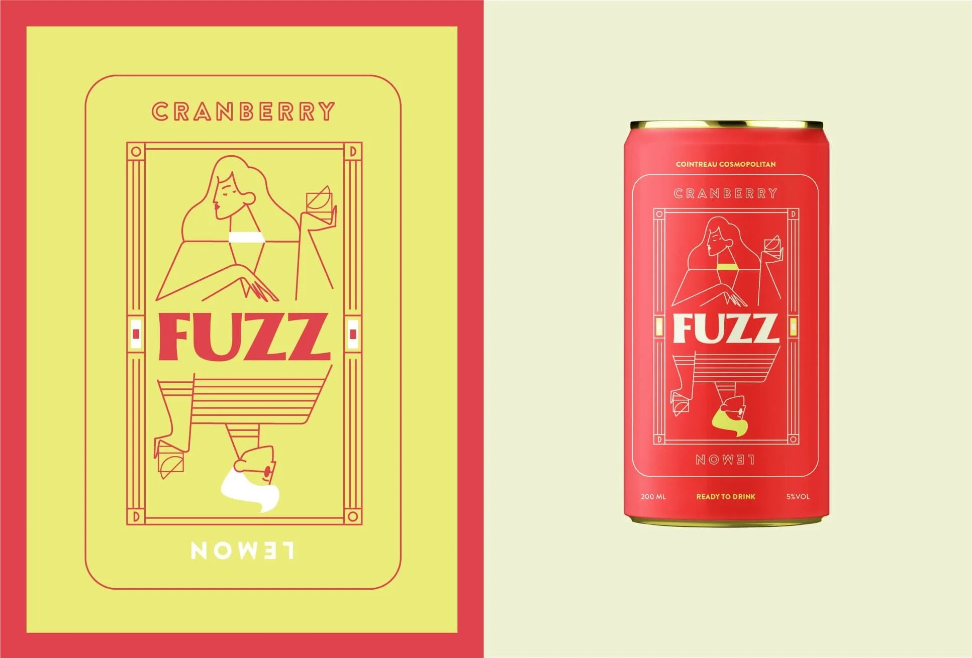 Can showing a can of Fuzz beverage with a label design featuring a stylized illustration of a woman with long hair sitting at a table, holding a drink, with the text "CRANBERRY" at the top, and the word "FUZZ" prominently in the center. The design ha