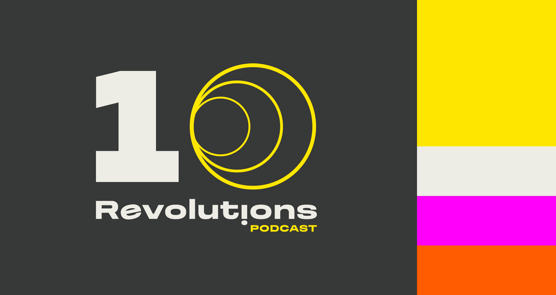 Logo identity for 16 Revolutions Podcast with black background, large white number 16, yellow concentric circles, and text in white and yellow.