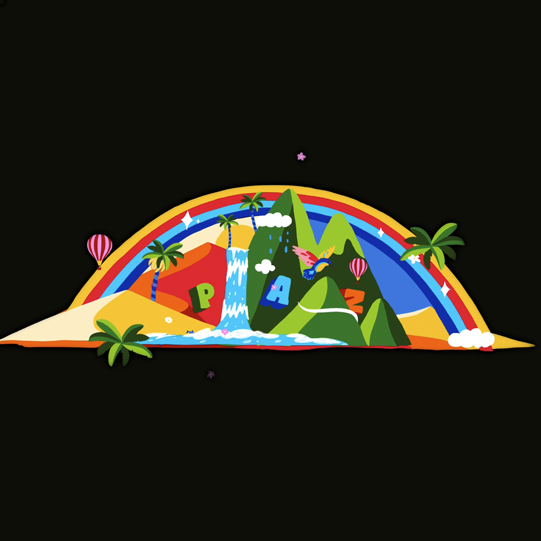Colorful cartoon landscape with rainbows, mountains, waterfall, palm trees, hot air balloons, and a flying bird, set against a black background.