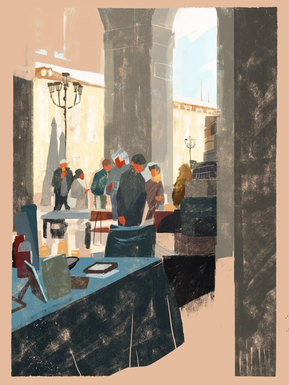 People inside a building near an arched window, with a street scene visible outside, including a lamp post and a historical building.