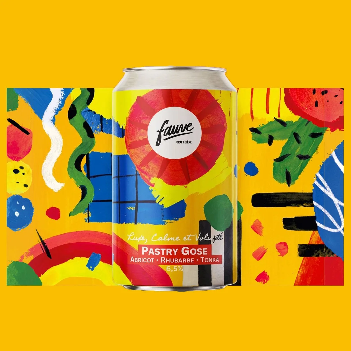 A colorful can of Faune craft beer with an abstract painted background in yellow, red, green, blue, and black. The label mentions pastry gose with flavors of apricot, rhubarb, and tonka, and alcohol content of 6.5%.