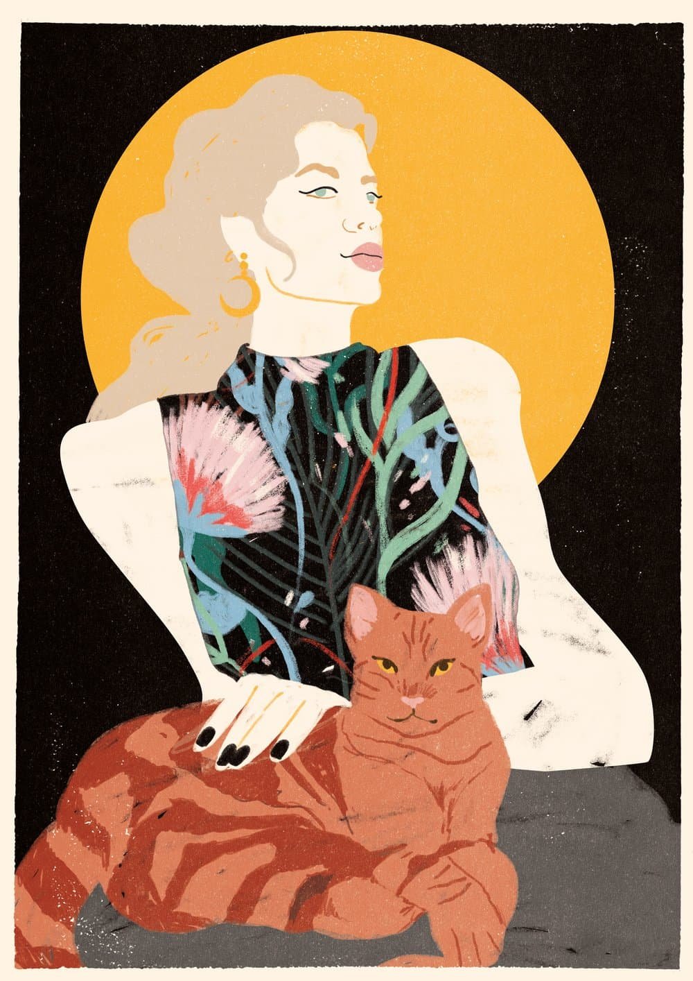 Illustration of a woman with blonde hair, wearing a colorful floral sleeveless top, with a large orange circle behind her. She has one hand on a resting orange tabby cat with yellow eyes, sitting on a gray surface.