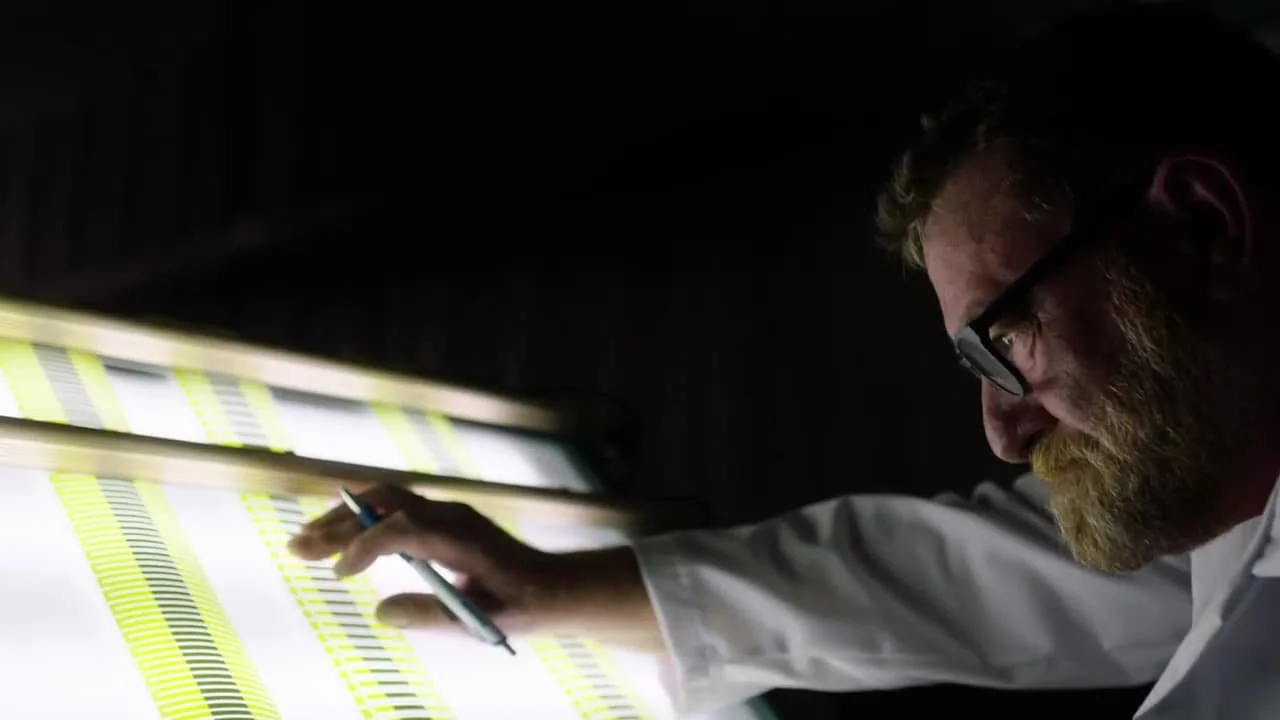 Man examining illuminated film negatives on a lightbox.