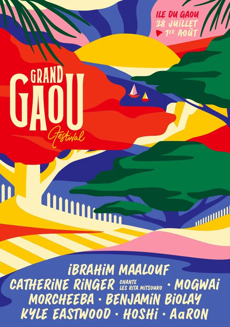 Colorful poster for the Grand Gaou Festival featuring a sunset over the ocean with sailboats, lush trees, and vibrant abstract shapes, with event details and performers listed.