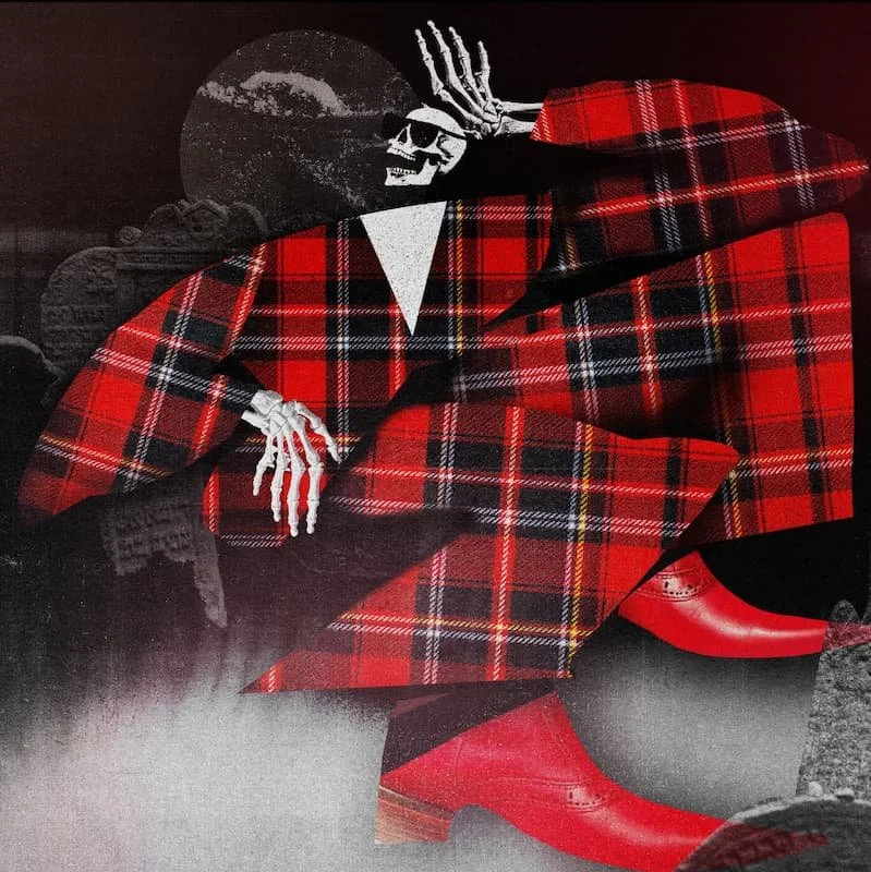 A skeleton figure dressed in a red plaid jacket and red boots, sitting against a dark background with tombstones, with the skeleton's skull wearing sunglasses.