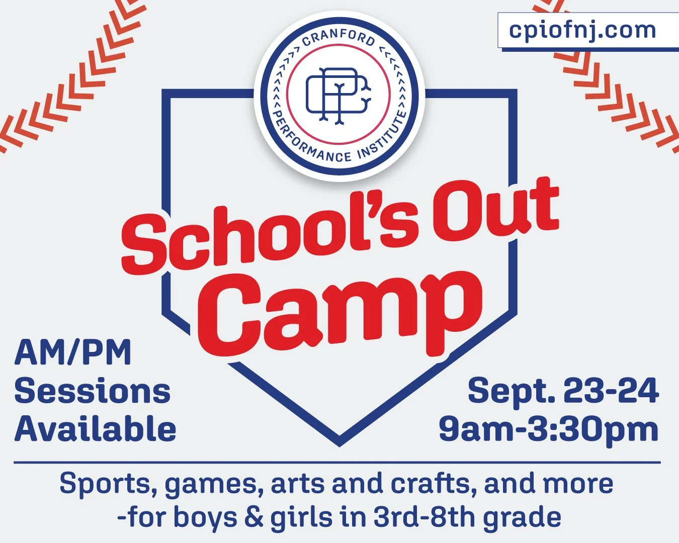 🎉 School's Out Camp at @CranfordPerformanceInstitute! 🎉

Looking for something fun for your kids when school&rsquo;s out? Join us for 2 Fun-Filled Days of sports, games, and activities right here in Cranford!

📅 Dates &amp; Times:

September 23 &a