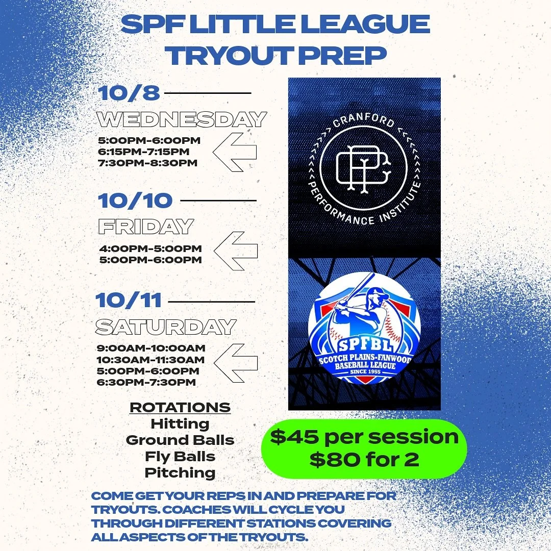 Hey Scotch Plains-Fanwood Little League, get right for your Little League tryouts at CPI!

CPI is proud to partner with SPFLL and host tryout prep sessions. CPI coaches along with SPF HS/MS coaches will be on hand to cover all aspects of your upcomin