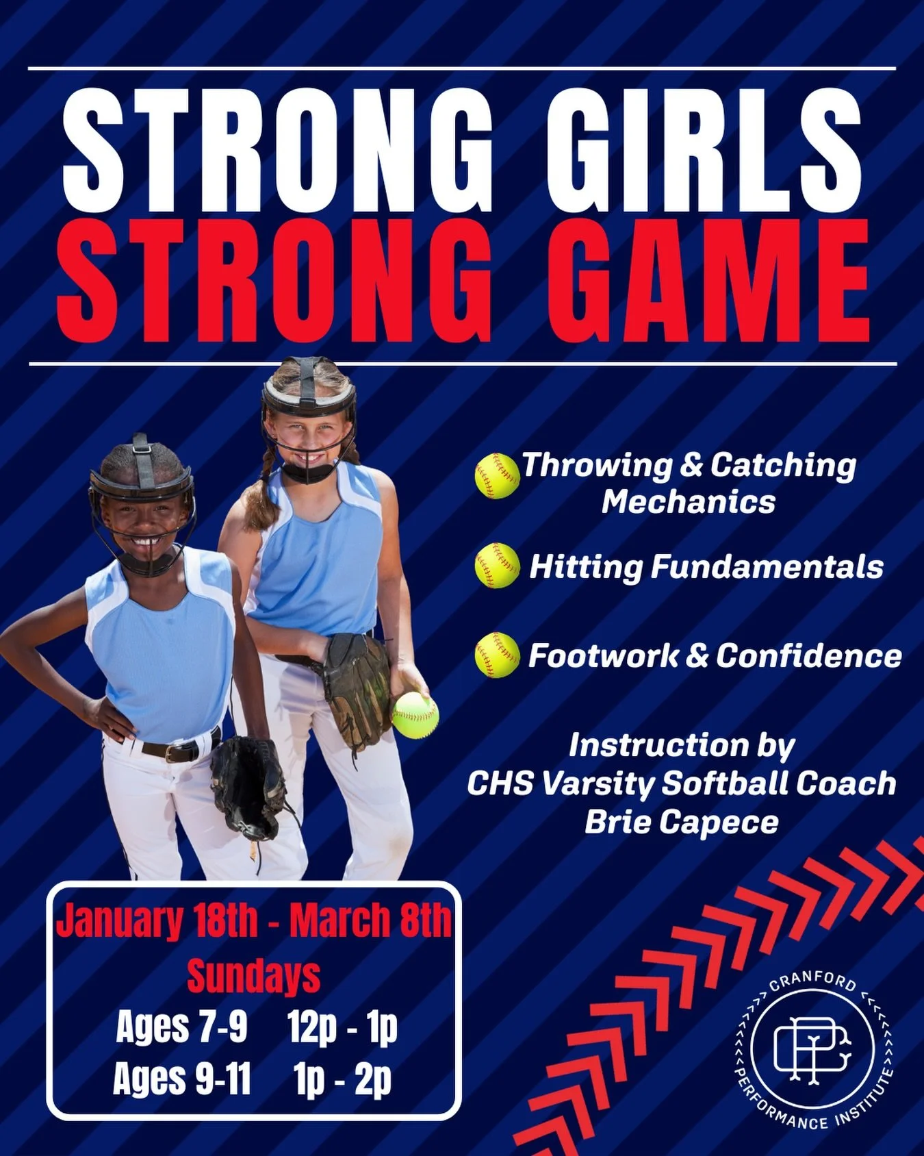 🥎🥎 Join Coach Brie and her staff for a high-energy, positive learning environment. These clinics will focus on hitting and fielding fundamentals, throwing and catching mechanics, footwork, and live game-scenario situations.

Register today by visit