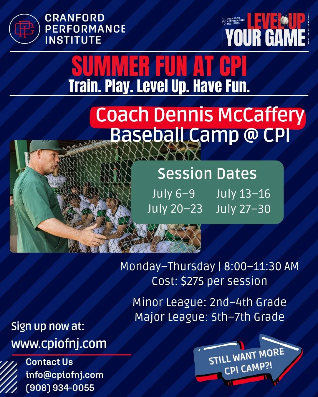 ☀️ CPI Summer Camp is HERE!
Choose the schedule that fits your summer:

⚾ Half Day Camp (Mon&ndash;Thurs) &mdash; $275/session
🔥 Full Day Option &mdash; $525
➕ Friday Full-Day Add-On &mdash; $50/week

🎉 Early Bird Special:
Register by May 1 and get