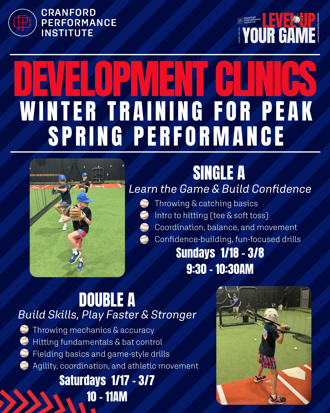 Flyer for Gold Glove Infield Training by Cranford Performance Institute featuring Chris Carrano. Includes workout details, schedule, age groups, and a photo of Chris Carrano holding a baseball glove, with a Gold Glove Award plaque in the background.