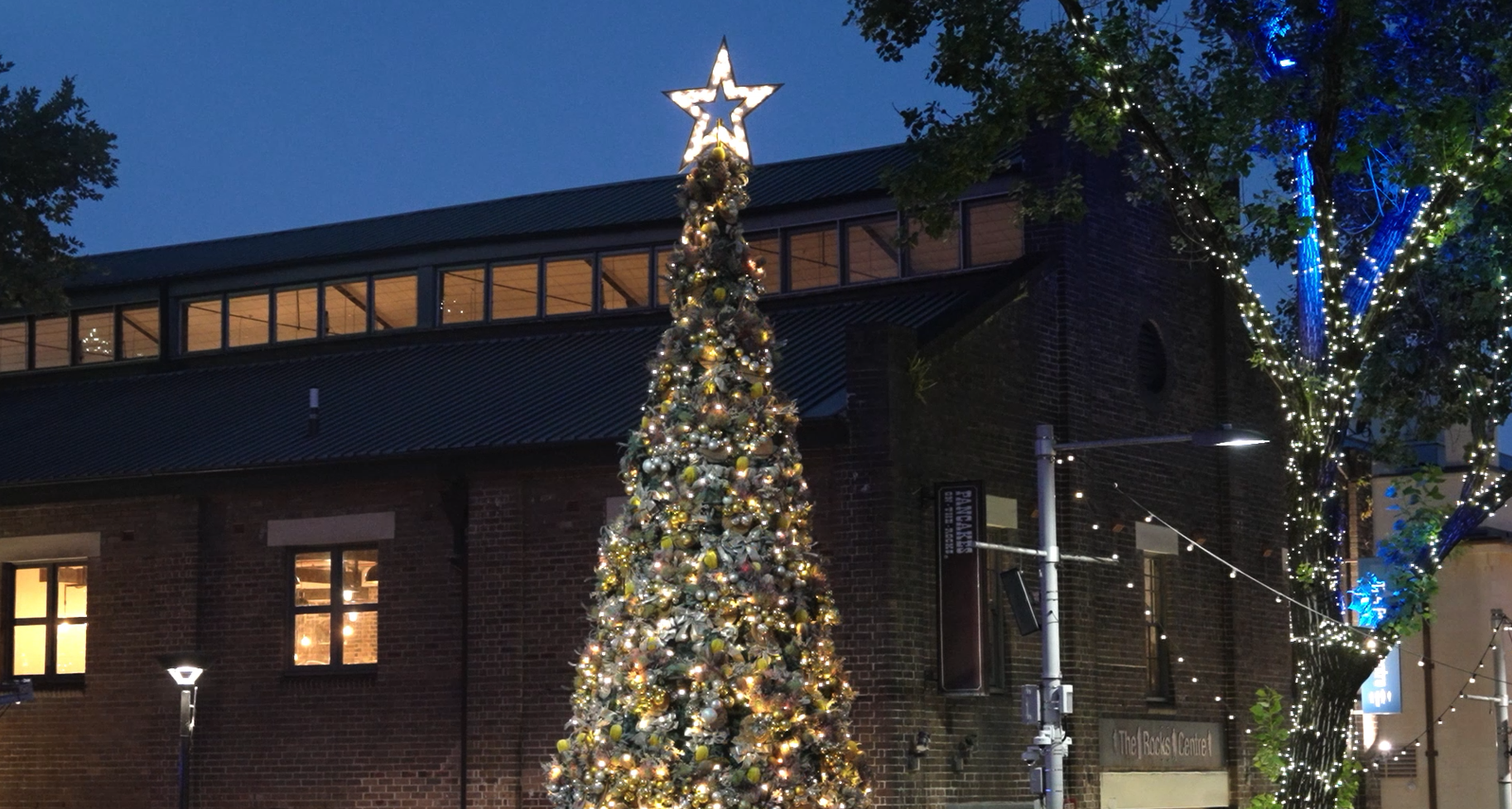 An imposing, grand-scale holiday portrait where a magnificent, gold-draped Christmas installation beautifully punctuates the dark, romantic skyline of Sydney’s historic heritage quarter.