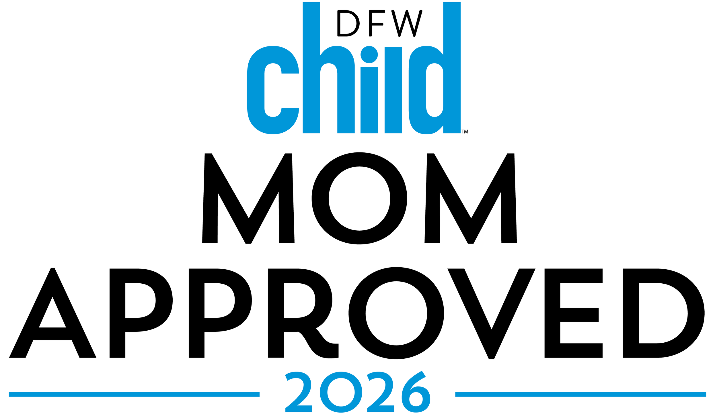Official Dallas Fort Worth child care program badge for 2026, indicating approval by DFW child, with a design featuring black and blue text and lines.