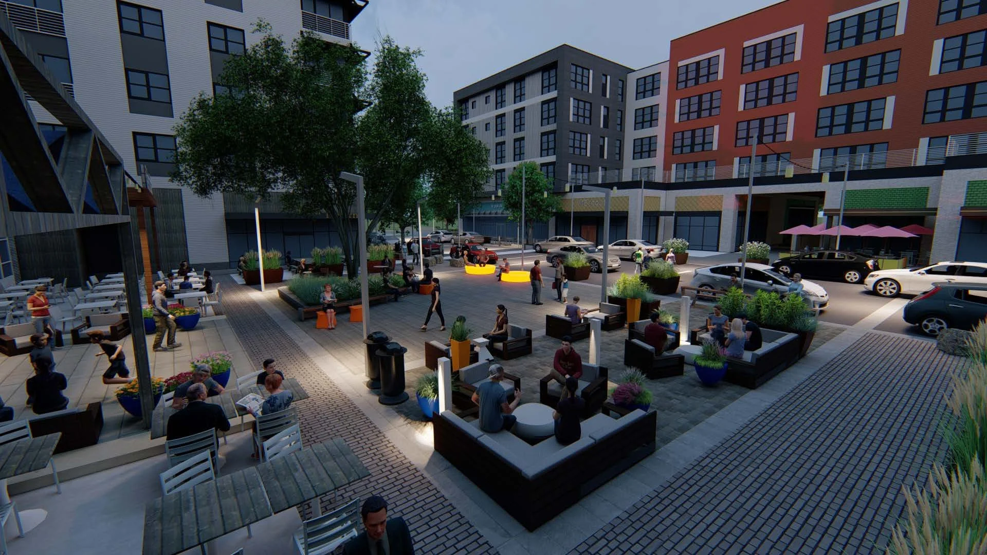 Woonerf and Plaza Concept Model - evening view