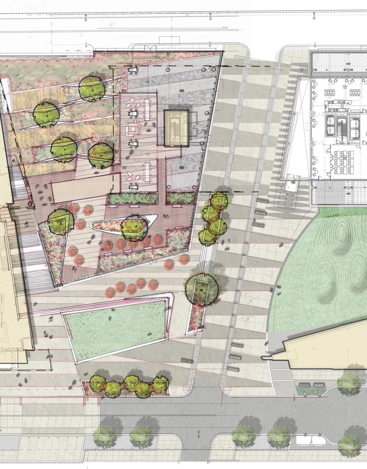 A conceptual plan rendering for Boston Landing, New Balance, Bruins Rink developed by Steve Woods while working at CRJA IBI Placemaking